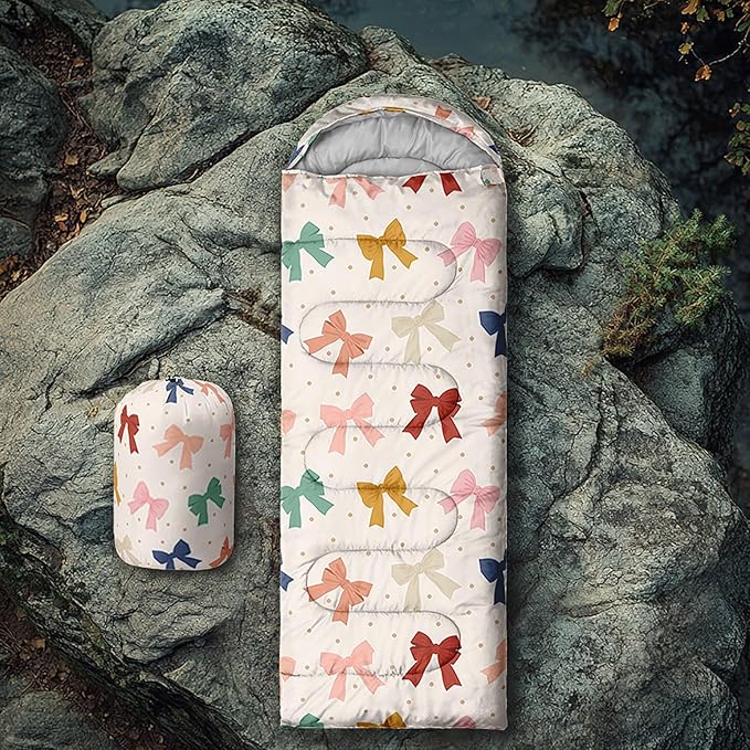 Colorful Bow Sleeping Bag 3 Season Warm Cool Weather Hand Drawn Bow Camping Sleeping Bag for Adult Cute Bowknot Camping Backpacking for Outdoor Traveling Hiking Hunting Gear Equipment