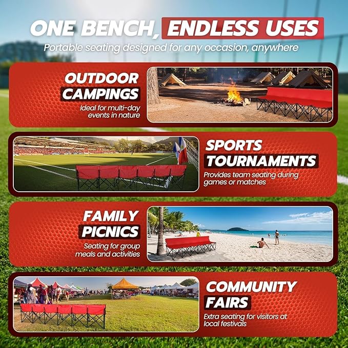 Flexzion Portable Folding Bench Seat 6 Seater Collapsible Soccer Bench Portable Bench Seats for Bleachers Camping Sideline with Back Rest and Carrying Bag Red