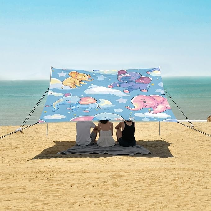 Beach Tent Sun Shelter Colorful Elephants Clouds Lightweight &amp Easy Setup Beach Shade Canopy for Camping Fishing