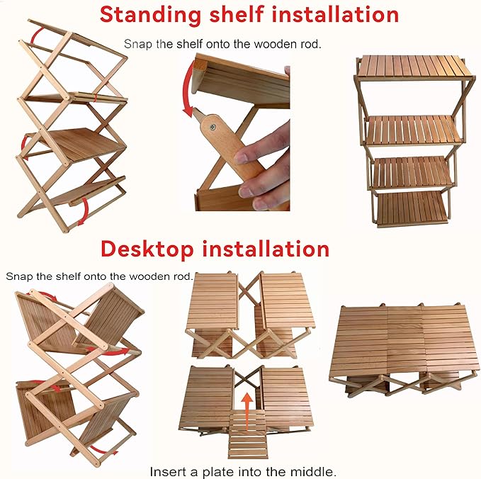 4-Tier Shelf - Transforms into a Camping Table Portable Beechwood Storage Rack for Indoor Outdoor Camping &amp Multi-Purpose Use