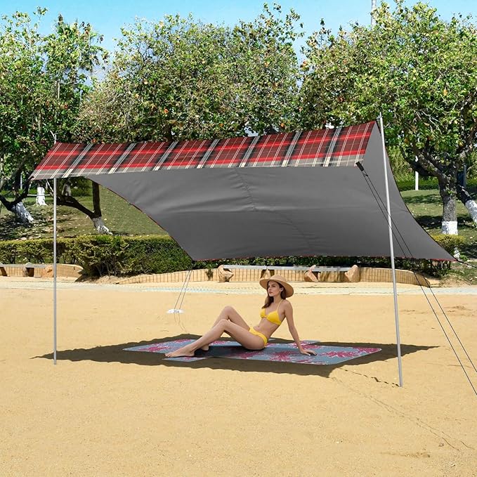 ALAZA Red Grid Tartan Cage Beach Tent Sun Shelter UPF50+ Protection Beach Shade Canopy w/ 4 Sandbags for Outdoor Camping Fishing Backyard Fun Picnic 10x9 ft