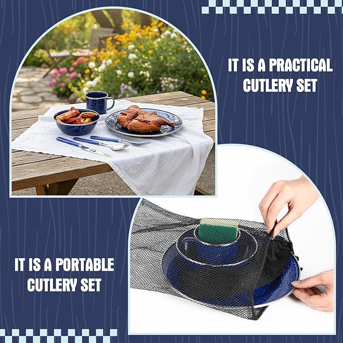 LemonRoad 9 Pcs Enamel Camping Cutlery Set Includes Bowls Mugs Plate Knife Fork Dishwashing Sponge Utensil Bags and Storage Straps Lightweight Tableware for Backpacking Camping Hiking Picnics