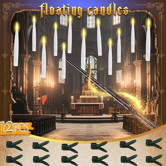 Halloween Decorations - Floating Candles with Wand &amp 6-Hour Timer - Flameless LED Hanging Candles with Clip Battery Operated Window Taper Candle for Indoor/Outdoor Halloween &amp Holiday Decor 1