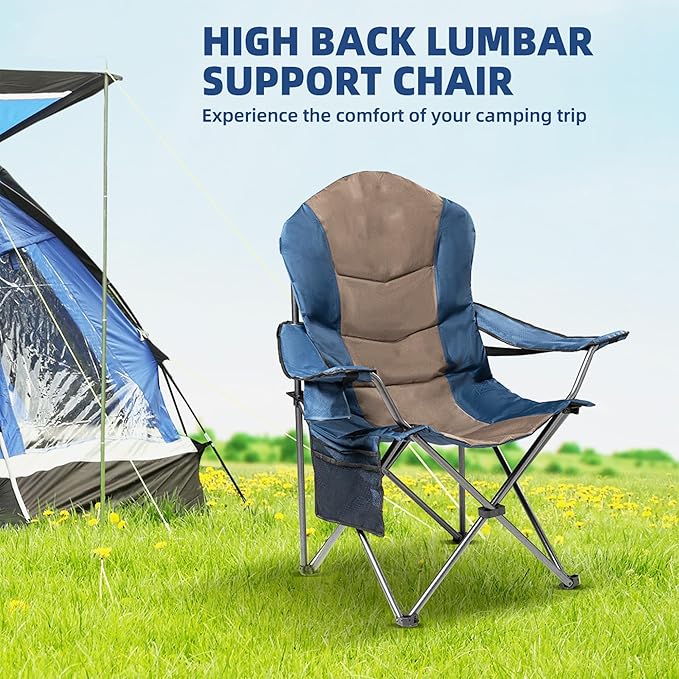 2 Pack Folding Camping Chairs for Adults - High Back Padded Portable Outdoor Lawn Chairs with 400lbs Adjustable Lumbar Support - Lightweight Camp Chairs Set (Light Blue &amp Brown)