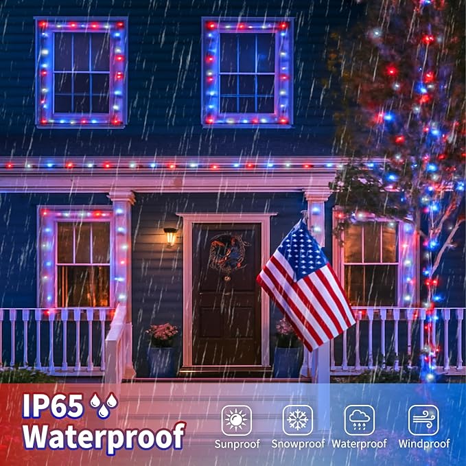 4 Pack Red White and Blue Solar String Lights 320LED 180FT 4th of July Decorations Outdoor Waterproof 8 Modes Patriotic Solar Fairy Twinkle Lights for Independence Memorial National Day Decorations