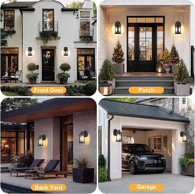 OKELI 2-Pack Dusk to Dawn Outdoor Wall Lights Black Exterior Lighting Fixture Wall Sconces with E26 &amp Tempered Glass Rust Resistant Outside Lantern Lights Wall Mounted for Porch