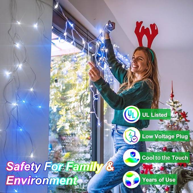 82FT 810 LED Outdoor Christmas Lights - 180 Ice Drops 12 Pro Modes with Timer Memory &amp Brightness Waterproof Hanging Ice String Light for Holiday Wedding Garden Fence House Decor (White &amp Bl