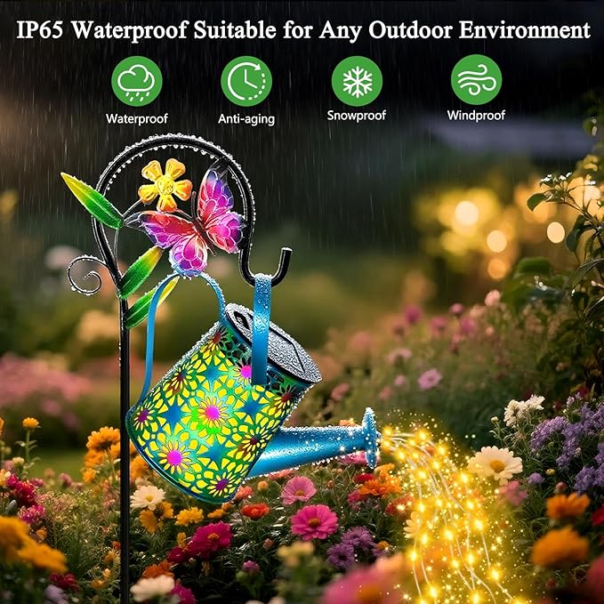 2 Pack Solar Lights Outdoor Decorative Blue Metal Solar Watering Can Lights Waterproof Gifts for Women Mom Grandma Birthday Hanging Lanterns Decoration Garden Decor for Outside Yard Patio Lawn