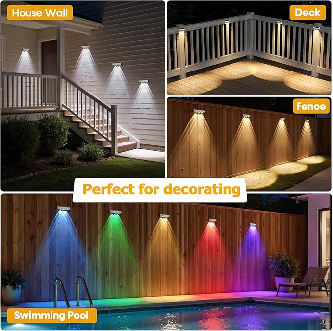 NIORSUN Solar Fence Lights8 Pack Solars Deck LightRGB ColorOutdoor Bulb Waterproof Led IP65Power Patio Lamp with Lenses for Outside/Backyard/Railing/Yard(White)