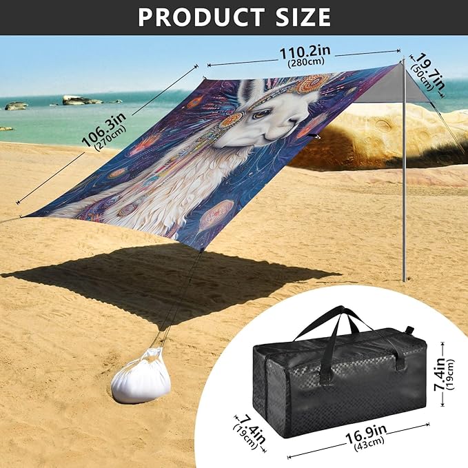 ALAZA Visionary Llama Boho Alpaca Beach Tent Sun Shelter UPF50+ Protection Beach Shade Canopy w/ 4 Sandbags for Outdoor Camping Fishing Backyard Fun Picnic 10x9 ft