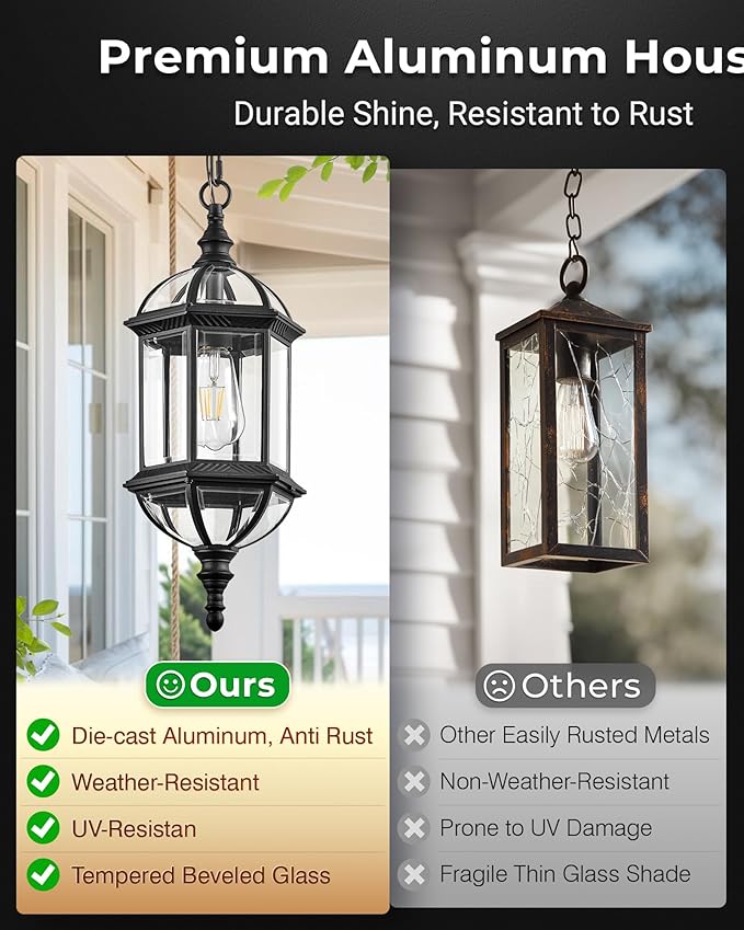 VIANIS 20 Large Dusk to Dawn Outdoor Hanging Lights Black Outside Pendant Light Waterproof Exterior Ceiling Lights for Patio Porch Entryway Anti-Rust Adjustable Length Chandelier Hardwired
