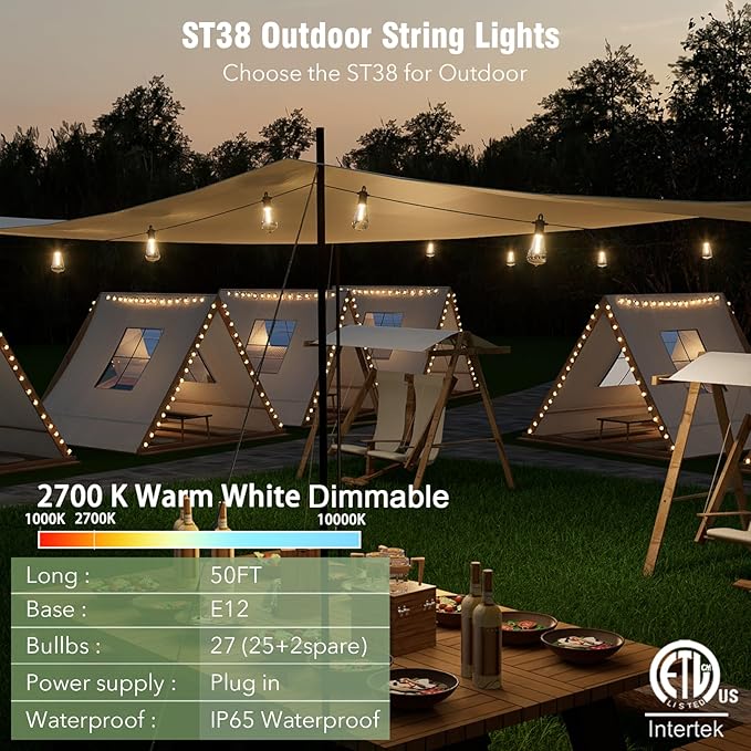LED Outdoor String Lights 50FT Waterproof Patio Lights with 27 (25+2 Spare ST38 Shatterproof Replaceable Bulbs) Connectable Dimmable Outside Hanging Light for Porch Garden Deck Bistro Backyard