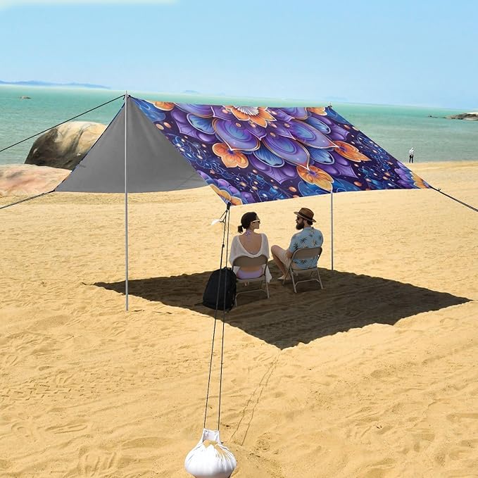 Abstract Mandala Purple Beach Tent Sun Shelter 9.2' x 10.5' Beach Canopy with 4 Sandbags 4 Stability Poles Sand Shovels - Tent Canopy for Beach Camping Fishing Picnics