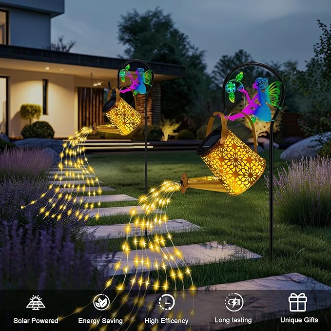 Solar Lights Garden Decorative Solar Watering Can with Cascading Lights Waterproof Metal Lantern with Fairy Shepherd Hook Outdoor Decor for Yard Patio Lawn and Pathway Gardening Gifts for Mom