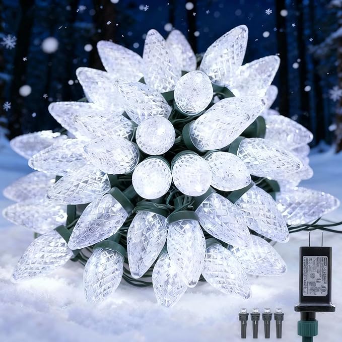 C9 LED Christmas Lights Outdoor33 Feet 50 LED 8 Lighting Modes Waterproof Connectable Christmas String Lights for Outside Roofline Patio Home Xmas Decorations (Cool White)