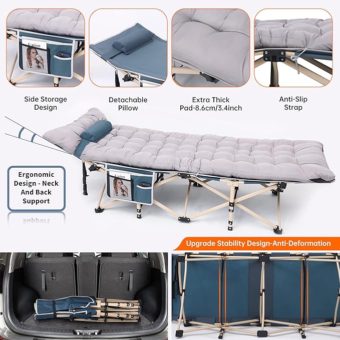 Nice C Camping Cots with Cushion Camping Cots with Mattress for Adults Folding Cot with Pillow Carry Bag &amp Storage Pocket Extra Wide Sturdy Holds Up to 500 Lbs (1 Mattress Grey)