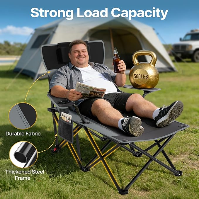 Suteck Camping Chair with Foot Rest Lightweight Foldable Beach Chairs Adjustable 90°- 140°Reclining Lounge Chair Heavy Duty Outdoor Chairs for Outside with Detachable Pillow &amp Carry Bag Black