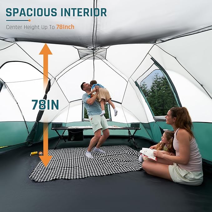 8/10/11 Person Camping Tent with Porch Large Family Tents for Camping PU1000MM Waterproof Tent with 5 Mesh Windows Removable Rainfly Reflective Windproof Rope Big Dome Tent Fits 3 Queen Airbeds