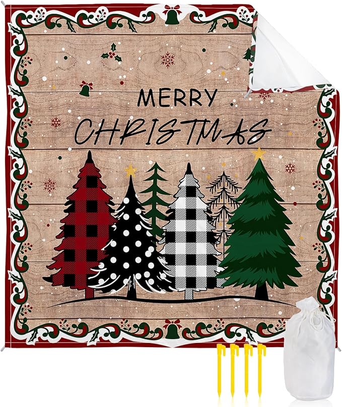 Beach Blanket Waterproof Sandproof Merry Christmas Grid Dot Tree Quick Drying Beach Mat with 4 Stakes Holly Snowflake on Wooden Lightweight Picnic Blanket for Travel Camping Outdoor 118x108
