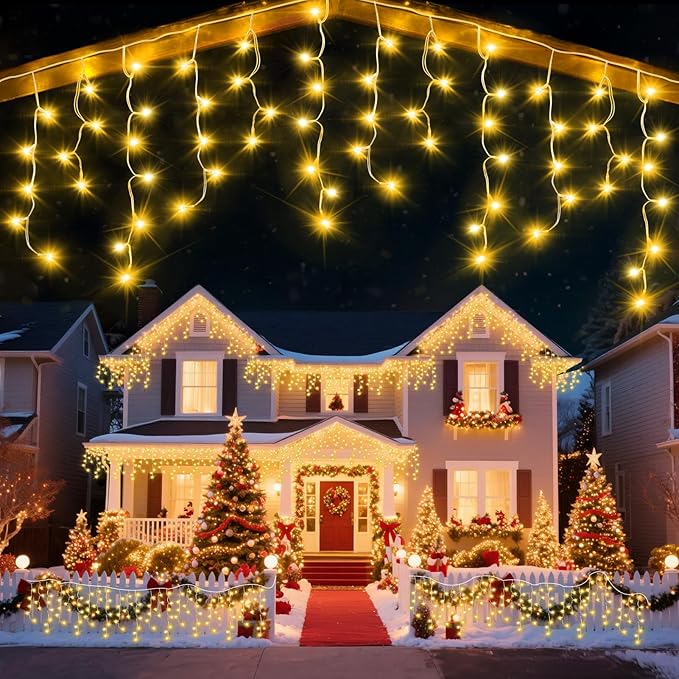 98 Ft Ice Lights for Outside 1216 LED Christmas Lights Outdoor Plug in Christmas String Lights with 8 Modes &amp Timer for Holiday Party Wedding House Patio Outdoor Decor(Warm White)