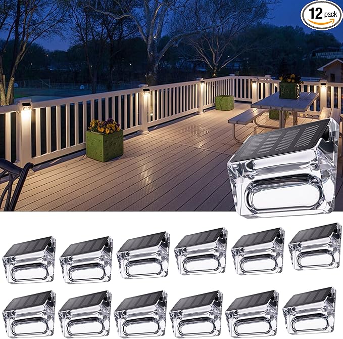 Solar Outdoor Lights 12 Pack Solar Fence Lights Deck Lights Waterproof Solar Powered Outside Lighting for Step Railing Wall Pool Stair Yard Garden Patio Pool Decorations (Warm White)
