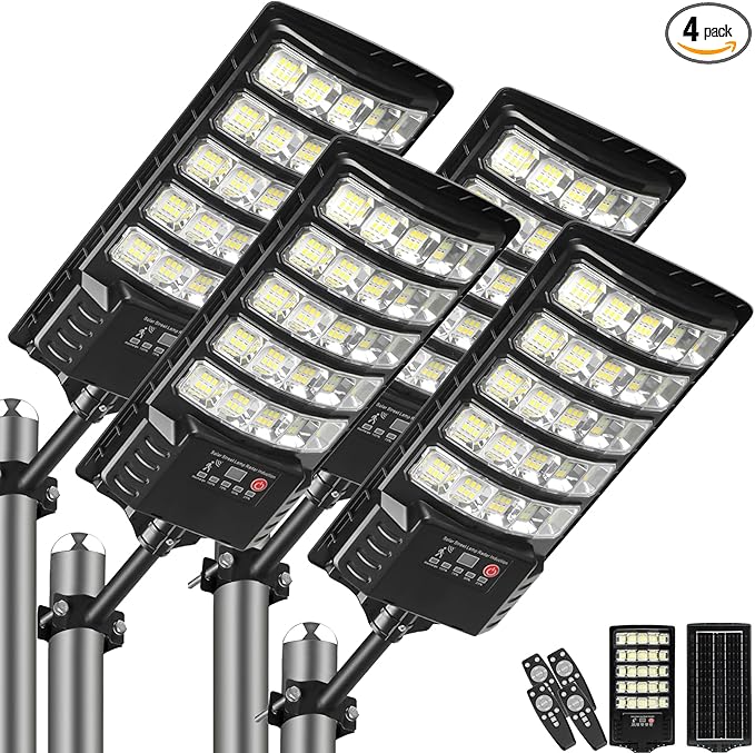 4-Pack Solar Street Lights 30000lm Outdoor Flood Light with Dual Motion Sensors Dusk to Dawn IP66 Waterproof Solar Powered Parking Lot Light with Remote Control 6500k Dimmable Security Lamp