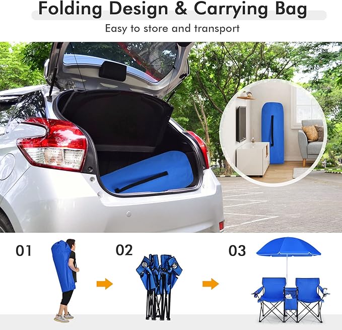 COSTWAY Double Portable Picnic Chairs Folding Camping Chairs w/Detachable Umbrella Cooler Bag Cup Holders Patio Beach Camping Chairs for Outdoors Blue