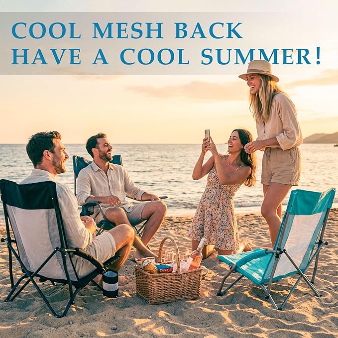 Low Folding Beach Chairs for Adults Portable Lightweight Sling Beach Camping Chair with Cup HolderArmrestFoldable Camp Lawn Chair for Outdoor Sand Concert Travel Sport Events