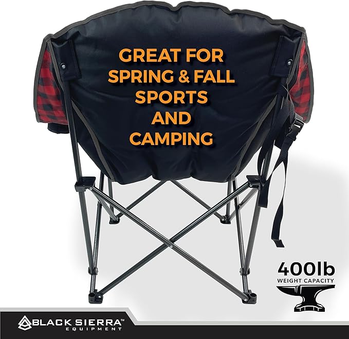 Black Sierra Heated Fleece Camping Chair for Adults Oversized Outdoor Seat with Plush Padding Supports 400lbs Cup Holders and Carry Bag Heavy Duty Folding Chair for Tailgating or Patio
