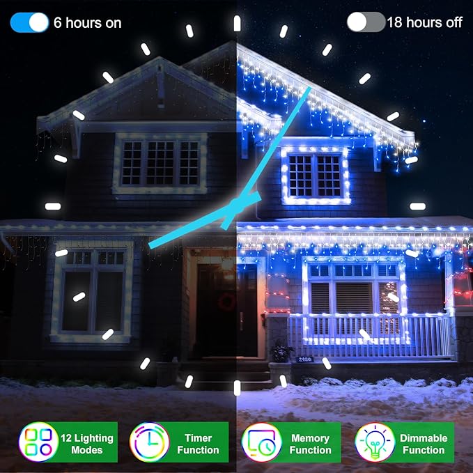 82FT 810 LED Outdoor Christmas Lights - 180 Ice Drops 12 Pro Modes with Timer Memory &amp Brightness Waterproof Hanging Ice String Light for Holiday Wedding Garden Fence House Decor (White &amp Bl