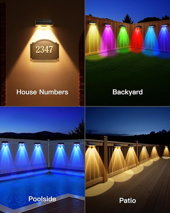 Solar Fence Lights Outdoor 16 Pack IP65 Waterproof Fence Lights Solar Powered with Ultra-Bright LED Lens 9 Color Modes 12+ Hours Steady Glow for Deck/Backyard/Patio/Pool/Wall - Black