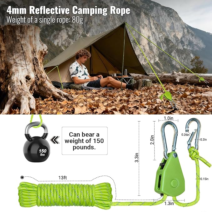 Camping Rope Reflective Tent Rope Guyline with Ratchet Pulley Tarp Tie Down Ropes for Tent Tarp Canopy Shelter Camping 13ft Adjustable Guy Line for Canopy Tent 6 Pack Guy Lines Tents Cords