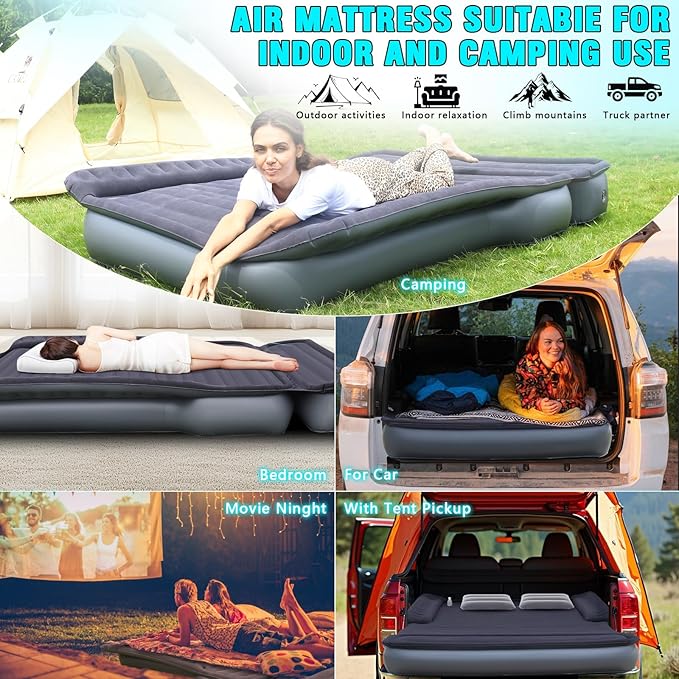 Camping Pickup Truck Bed Air Mattress 5.5-6.5FT Full Size Thickened Self Inflating Outdoor Truck Bed Mattress with Built-in USB Rechargeable Pump and 2 Pillows (84x57x10)
