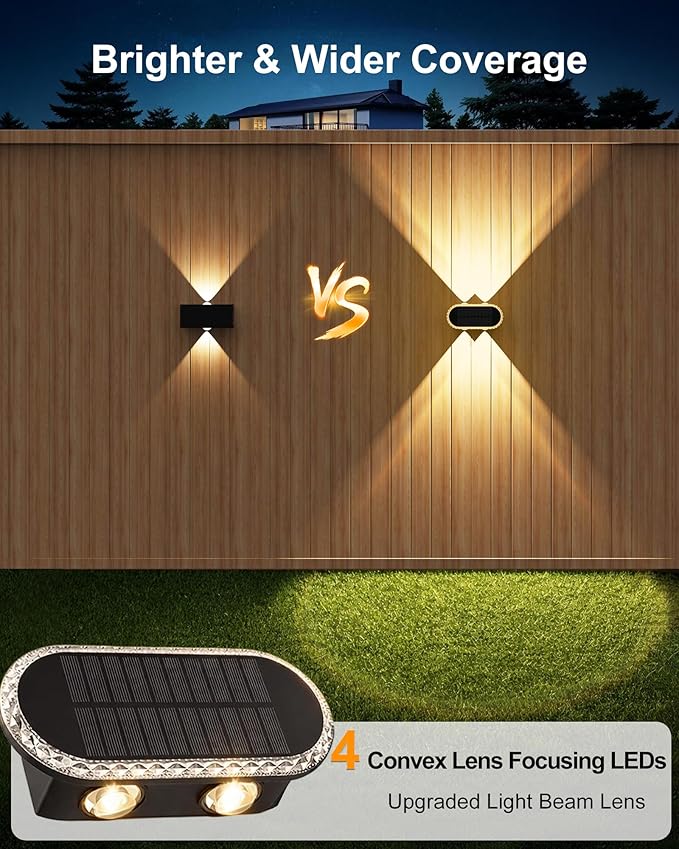 Solar Fence Lights Outdoor: Dual Focused LED Up Down Wall Lighting - IP65 Waterproof - 3000K/4000K/6000K 3 Modes 10-12H Lasting - Easy to Install for Porch Backyard 4 Pack