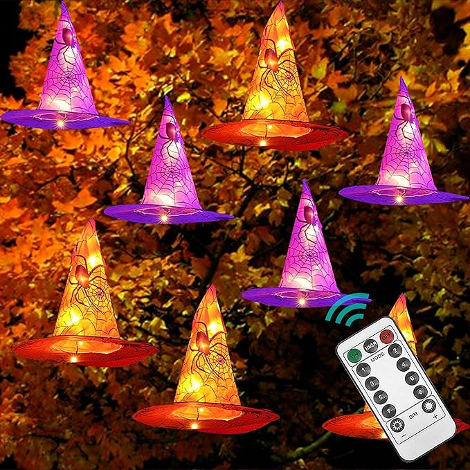 DAZZLE BRIGHT 8 Pcs Hanging Witch Hat String Lights Light Up Waterproof Halloween Decorations with Remote Control for Outdoor Garden Party Carnival Supplies Decor (2 Pack)