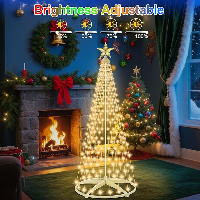 6ft Solar Powered Christmas Cone Tree Lights with Star Topper Outdoor Christmas Tree with 11 Modes Timer Remote Dimmable Waterproof for Yard Holiday Christmas Decoration Warm White &amp Multicolo