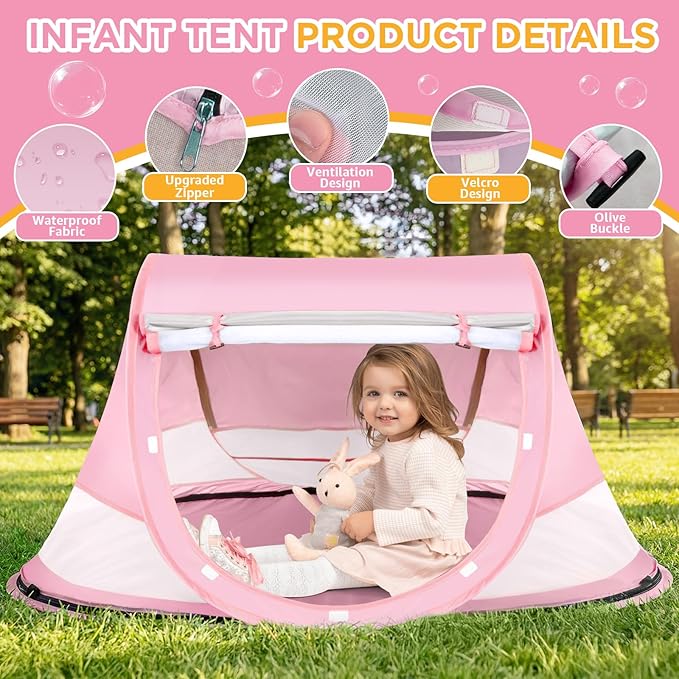 Baby Beach Tent Pop Up Beach Tent Sun Shade for Beach UPF 50+ UV Protection Sun Shelters for Infants with Carry Bag for Outdoor Travel Camping(Pink)