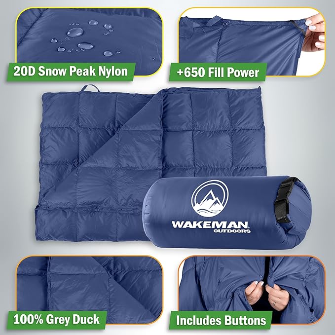 Down Camping Blanket Packable 78x52” Ultralight Compact Travel Blanket with Bag - Puffy Wearable Sleeping Gear for Camp Hiking Backpacking Stadium Festivals or Beach by Wakeman Outdoors (Blue)