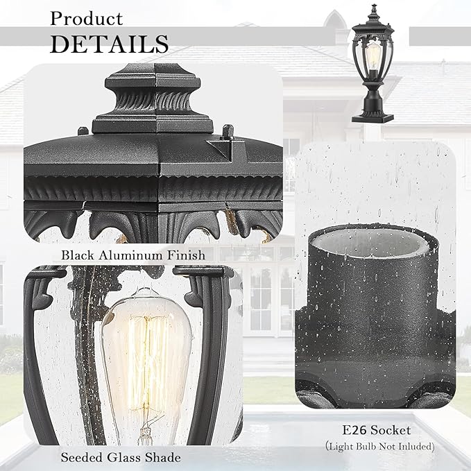 Outdoor Light Post Retro Waterproof Exterior Lamp Post Light Fixture Anti-Rust Aluminum Pole Lights Outside with Seeded Glass for Yard Garden Pathway Patio Lawn Matte Black