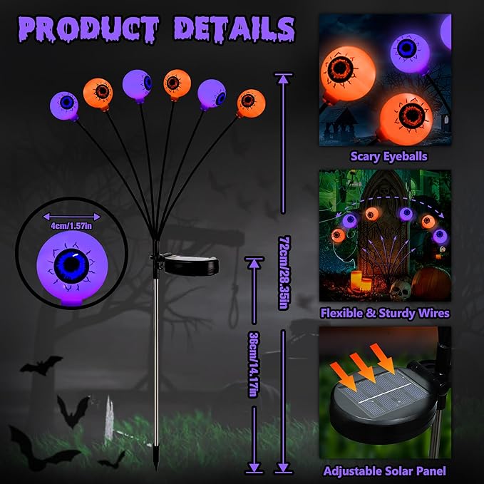 BrizLabs 6 Pack 36 LED Halloween Solar Eyeball Lights 2 Modes Outdoor Halloween Pathway Lights Solar Spooky Path Light Waterproof Swaying Firefly Lighting for Yard Garden Lawn Orange &amp Purple