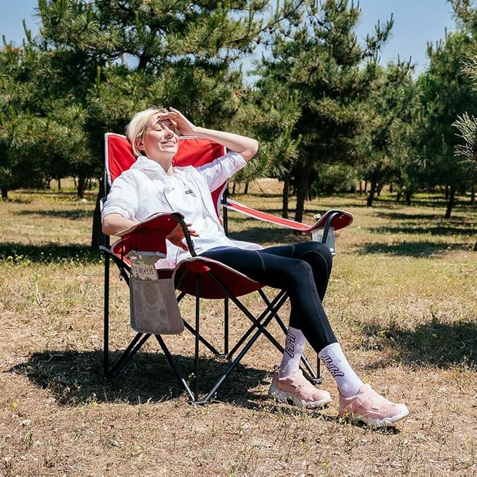 KingCamp Oversized Camping Chair Portable Folding Outdoor Chairs with Comfortable Padded Seat Side Pocket and Cup Holder for Fishing Tailgates Beach Lawn RED