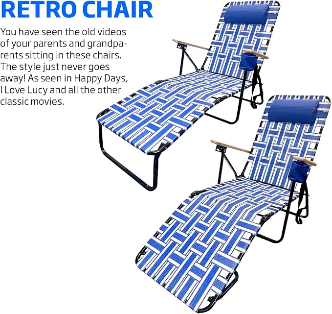 Webbing Patio Lounger Steel Chaise Lawn Chair Foldable Outdoor Great for Patio Camping Backyard Pool Wood Handles 1 Pack Blue