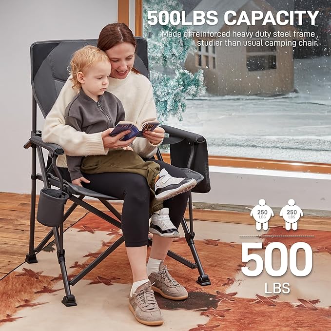 EVER ADVANCED Oversized Folding Camping Chair for Adults with Adjustable Lumbar Support Heavy Duty Chair with Side Pockets Portable Collapsible Quad Chair for Outside