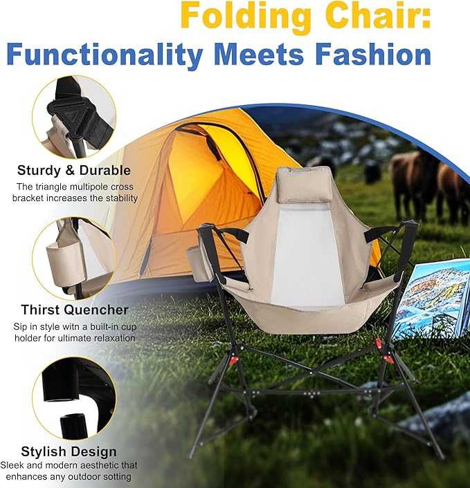 Hammock Camping Chair Portable Chairs with Pillow Cup Holder and Carry Bag Lightweight Foldable Chair for Outside Camping Hiking Travel Beach and Sports (Khaki)