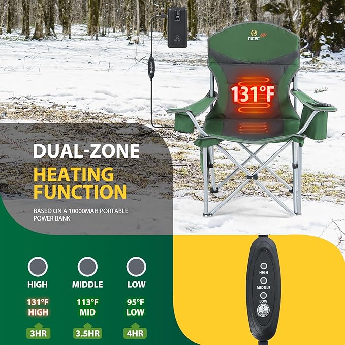 Nice C Heated Camping Chair with Battery Heated Outdoor Sports Chair Folding Chairs with Cooler Bag Cup Holder Carry Bag 10000 mAh Power Bank Included (Green&ampGrey Set of 2)