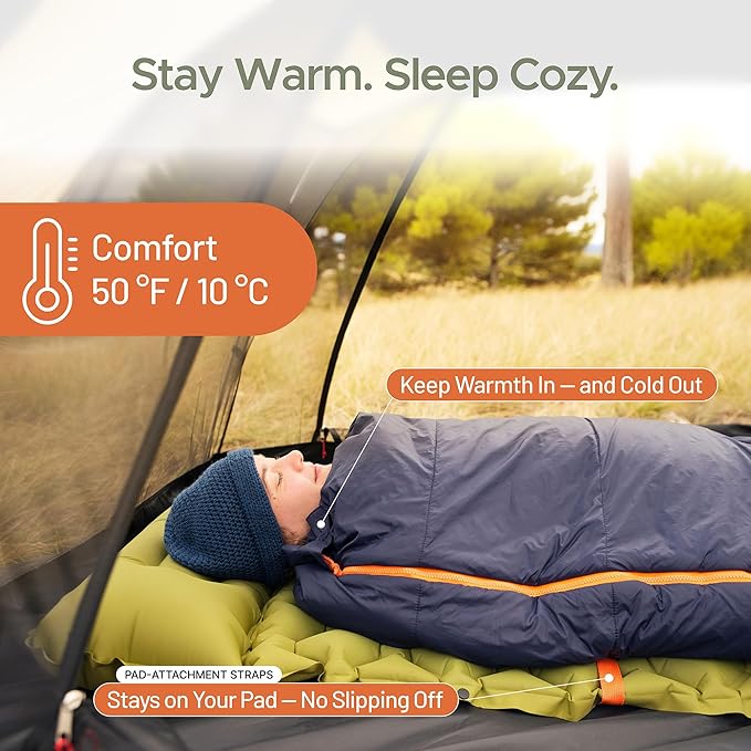 DuraHike Lightweight Camping Sleeping Bag for Adults — Roomy Rectangular Comfort Secure Pad Attachment Compact &amp Packable 10°C / 50°F Comfort