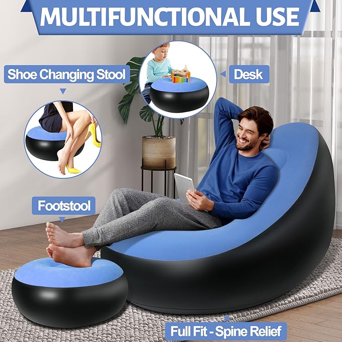 Inflatable Chair with Ottoman Inflatable Couch for Adults with Flocked Surface Comfortable Blow Up Air Chair Waterproof Portable Air Sofa Inflatable Couch for Camping(Blue) (Without Pump)