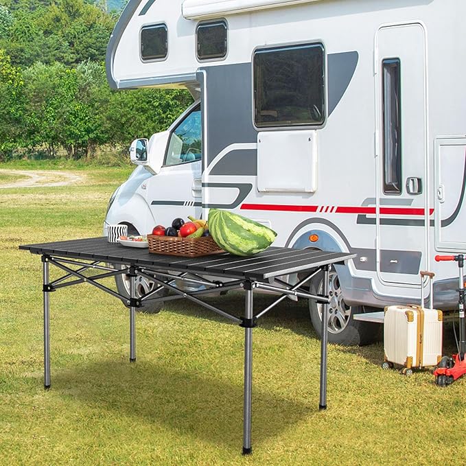 Tangkula Aluminum Folding Camping Table Lightweight Roll-up Camp Table for 4-6 People with Large Tabletop &amp Carry Bag Portable Picnic Table for Outdoor Camping Travel BBQ Party