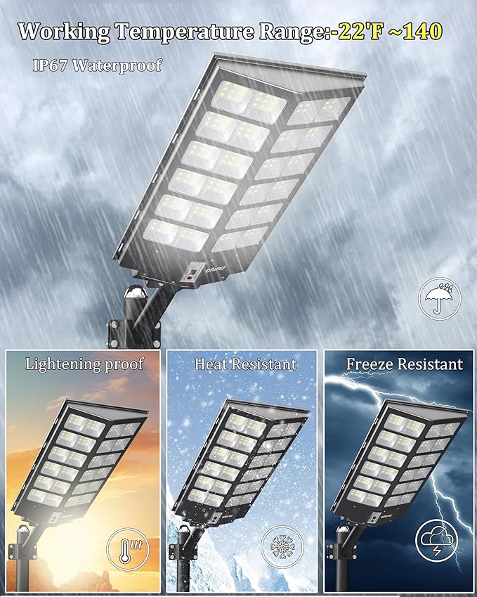 Ofuray Solar Street Lights OutdoorSolar Security Flood Lights Parking Lot Lights Commercial Dusk to Dawn 6500k Waterproof Led with Remote Control Motion for StreetCourtBarn (Of-9600W 660000Lm)