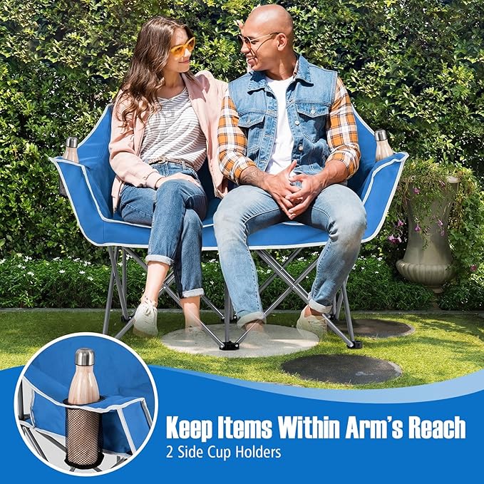 Goplus Double Camping Chair Folding 2-Person Couch w/2 Cup Holders Dual Back Pockets Heavy-Duty Metal Frame Oversized Duo Lawn Chair for Adults Perfect for Backyard Patio(Blue)